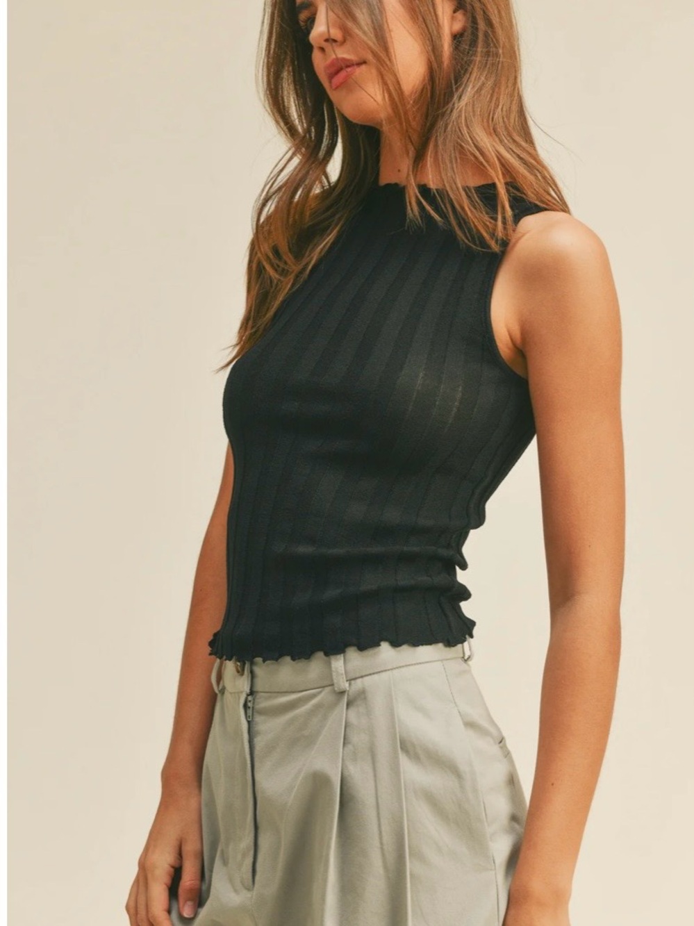 Miou Muse Sleeveless Ribbed Mock-Neck Tank — Black